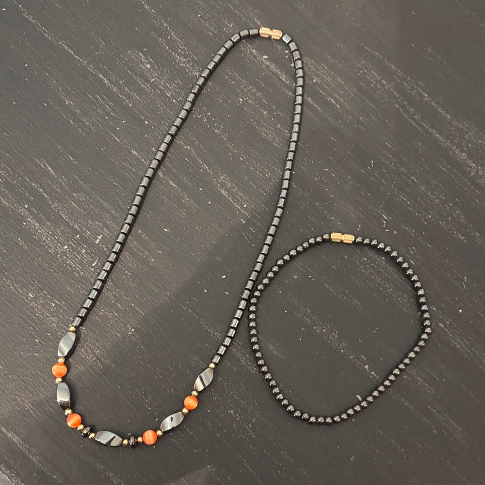 Elegant Black and Orange Beaded Necklace and Bracelet Set